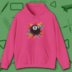 Eight Ball Excitement Hoodie, in Heliconia color, billiards hoodie, front view