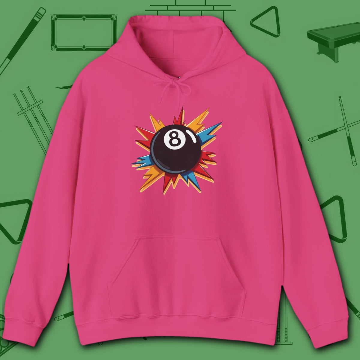 Eight Ball Excitement Hoodie, in Heliconia color, billiards hoodie, front view