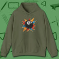 Eight Ball Excitement Hoodie, in Military Green color, billiards hoodie, front view