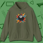 Eight Ball Excitement Hoodie, in Military Green color, billiards hoodie, front view