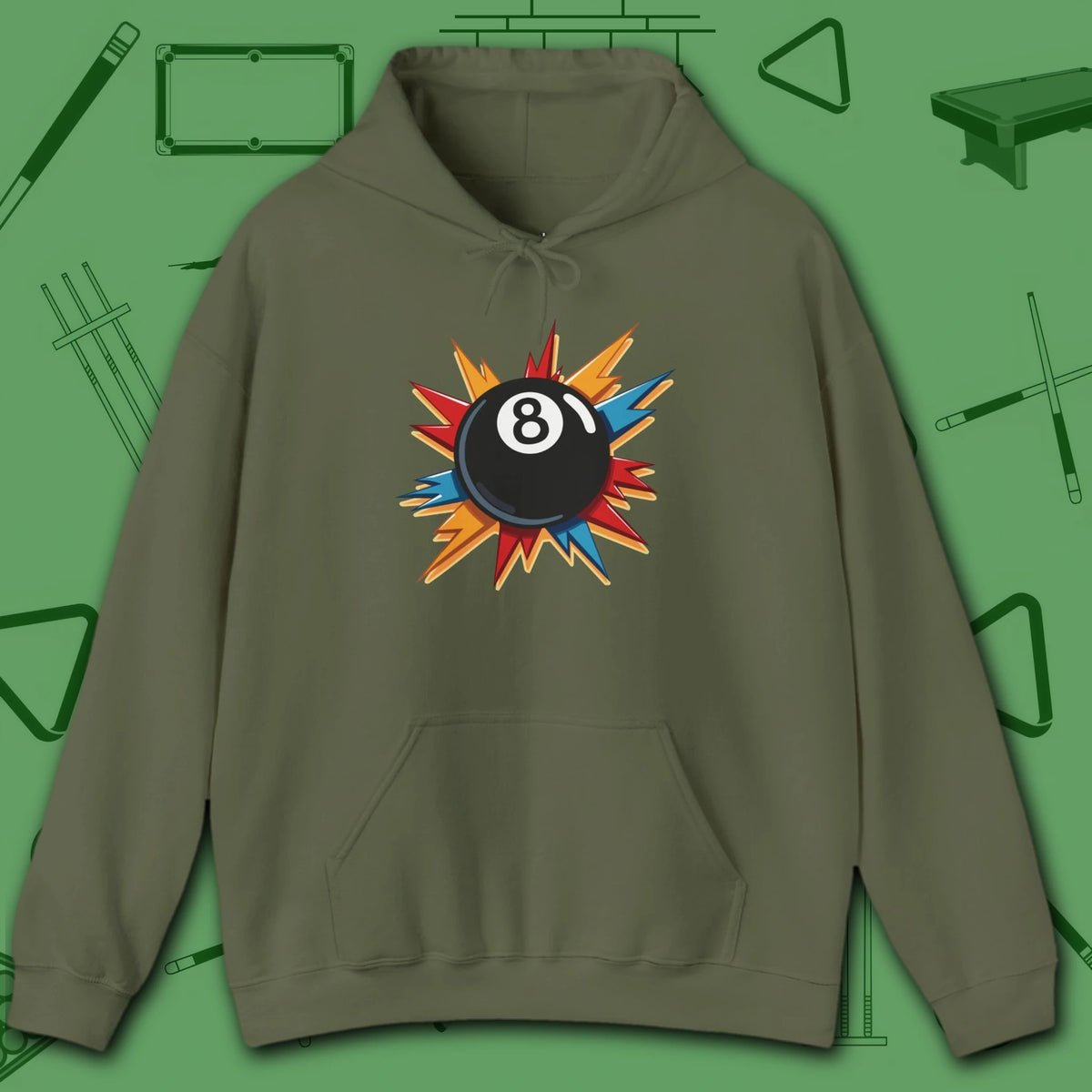 Eight Ball Excitement Hoodie, in Military Green color, billiards hoodie, front view