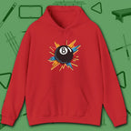 Eight Ball Excitement Hoodie, in Red color, billiards hoodie, front view