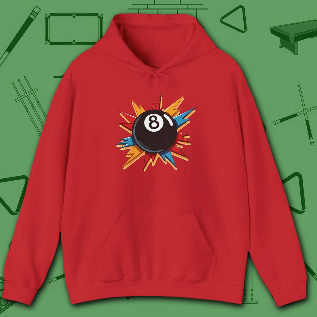 Eight Ball Excitement Hoodie, in Red color, billiards hoodie, front view