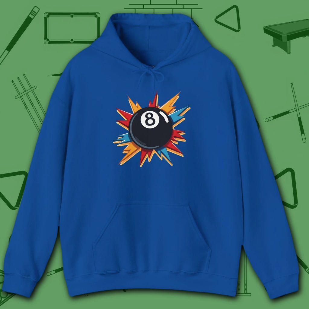 Eight Ball Excitement Hoodie, in Royal color, billiards hoodie, front view