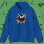Eight Ball Excitement Hoodie, in Royal color, billiards hoodie, front view