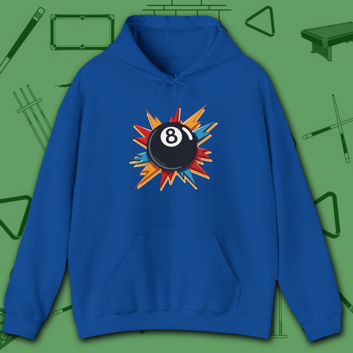 Eight Ball Excitement Hoodie, in Royal color, billiards hoodie, front view