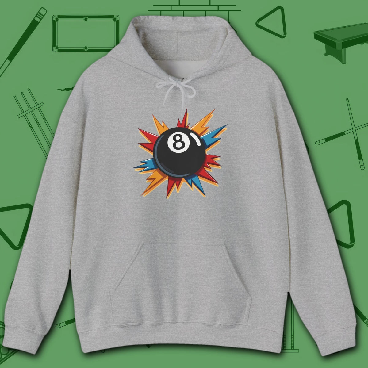 Eight Ball Excitement Hoodie, in Sport Grey color, billiards hoodie, front view