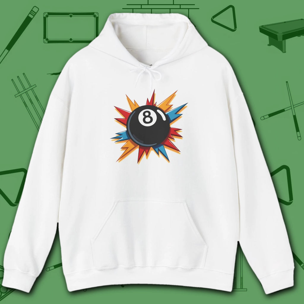 Eight Ball Excitement Hoodie, in White color, billiards hoodie, front view