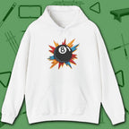 Eight Ball Excitement Hoodie, in White color, billiards hoodie, front view