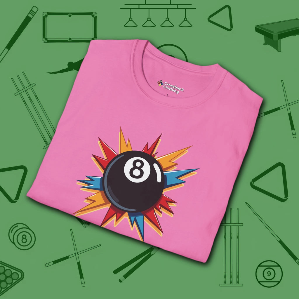 Eight Ball Excitement T-Shirt, in Azalea color, billiards shirt, folded view