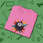Eight Ball Excitement T-Shirt, in Azalea color, billiards shirt, folded view