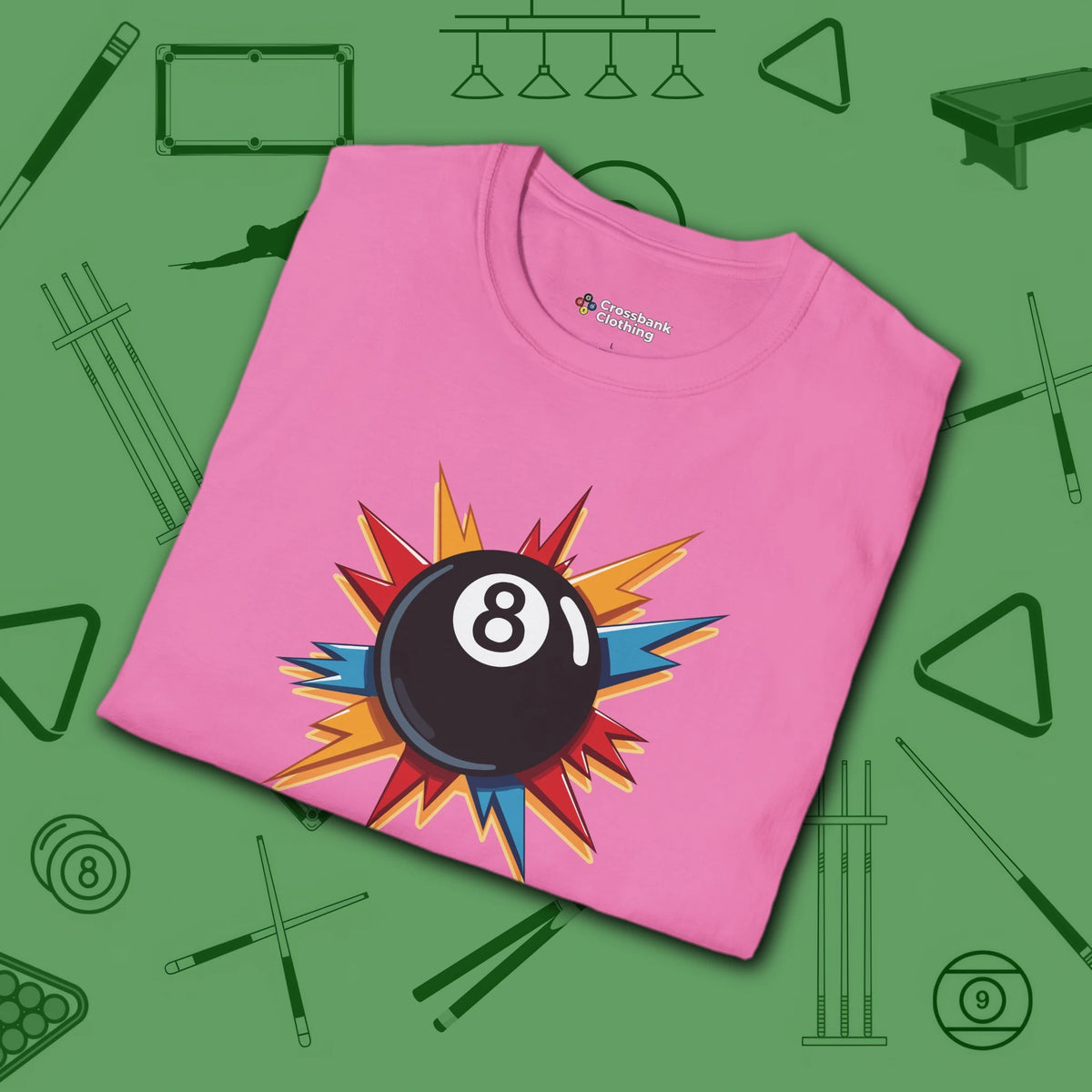 Eight Ball Excitement T-Shirt, in Azalea color, billiards shirt, folded view