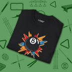 Eight Ball Excitement T-Shirt, in Black color, billiards shirt, folded view