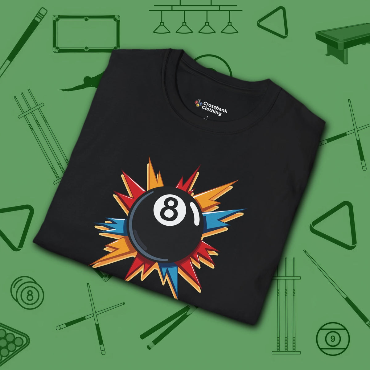 Eight Ball Excitement T-Shirt, in Black color, billiards shirt, folded view