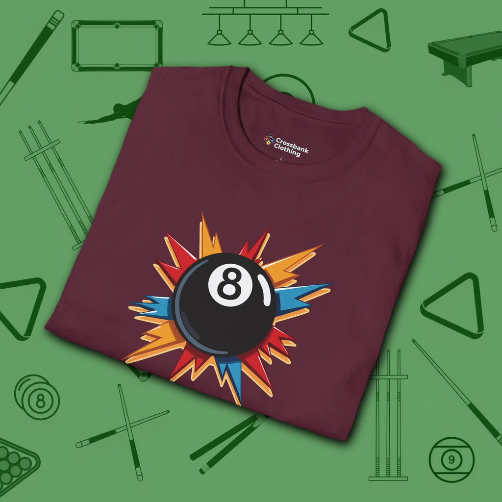 Eight Ball Excitement T-Shirt, in Maroon color, billiards shirt, folded view