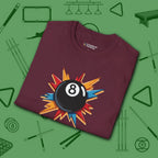 Eight Ball Excitement T-Shirt, in Maroon color, billiards shirt, folded view