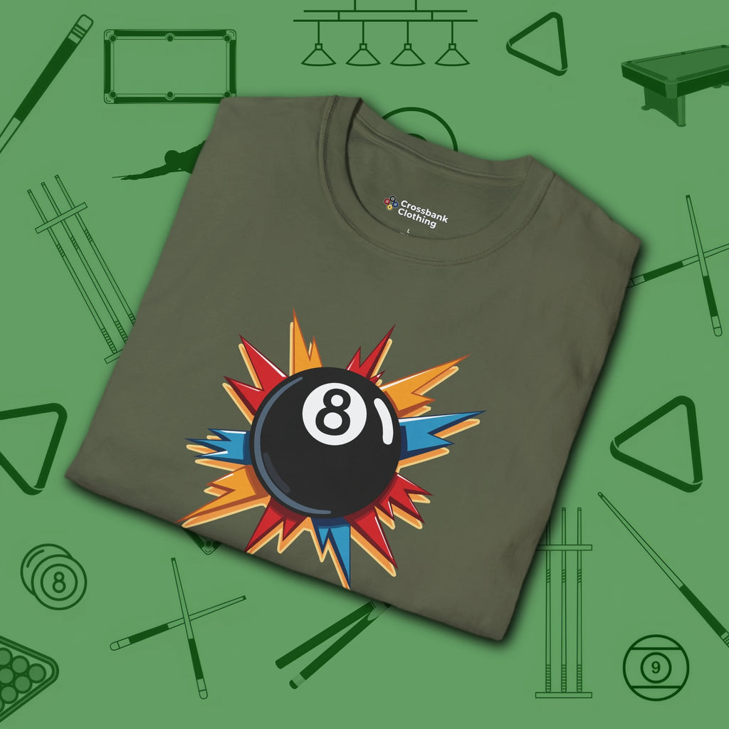 Eight Ball Excitement T-Shirt, in Military Green color, billiards shirt, folded view