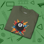 Eight Ball Excitement T-Shirt, in Military Green color, billiards shirt, folded view