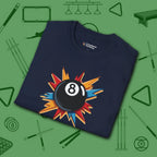 Eight Ball Excitement T-Shirt, in Navy color, billiards shirt, folded view