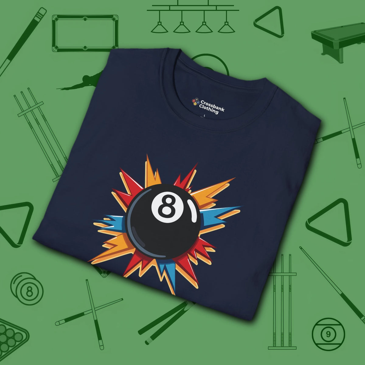 Eight Ball Excitement T-Shirt, in Navy color, billiards shirt, folded view