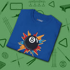 Eight Ball Excitement T-Shirt, in Royal color, billiards shirt, folded view