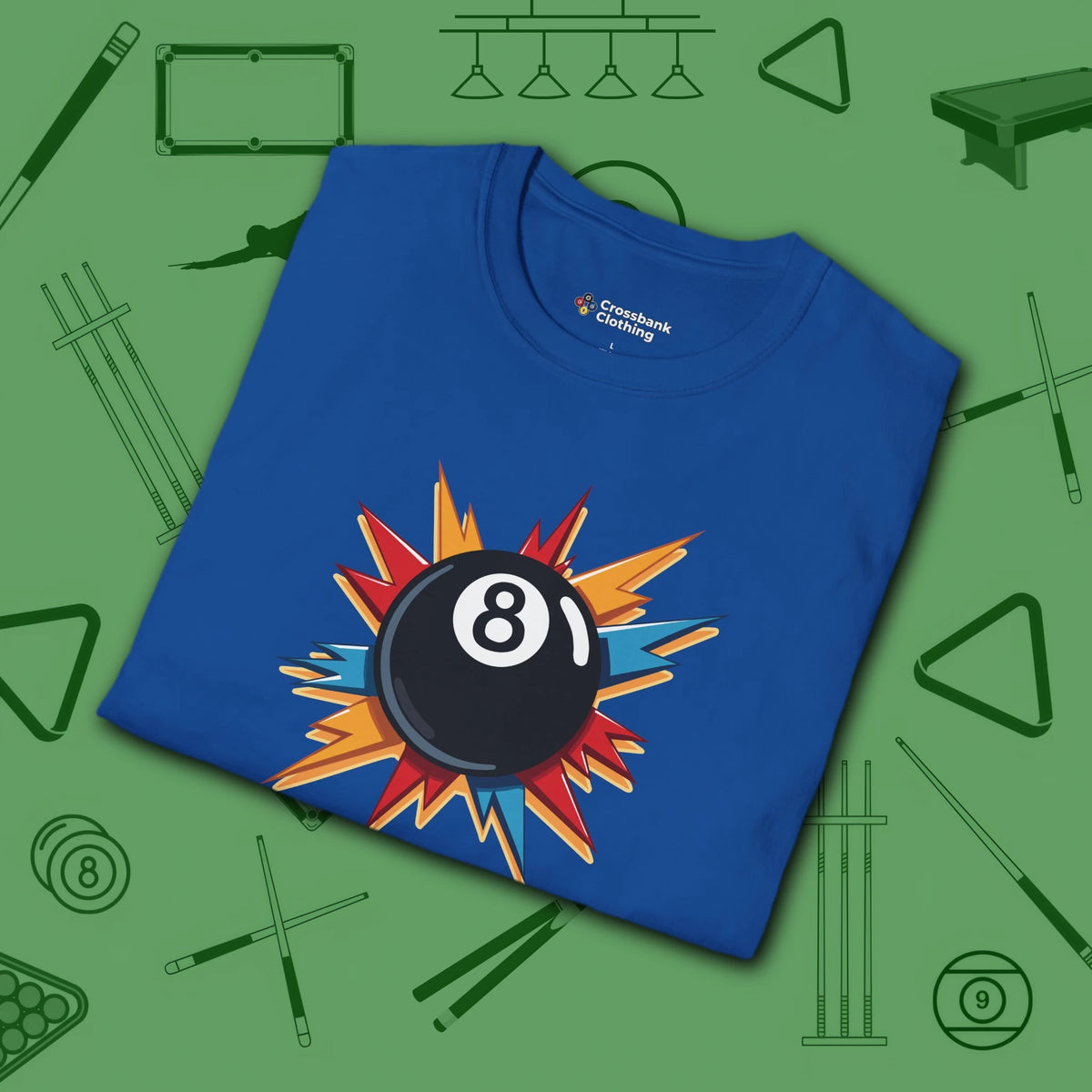 Eight Ball Excitement T-Shirt, in Royal color, billiards shirt, folded view