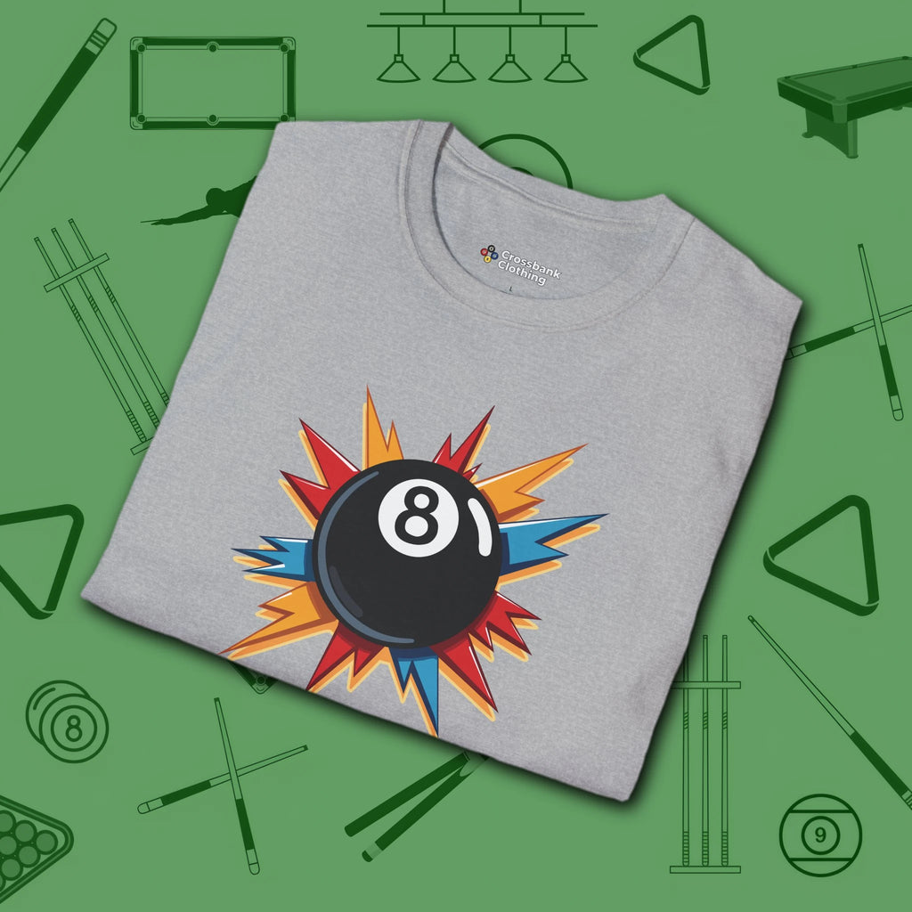 Eight Ball Excitement T-Shirt, in Sport Grey color, billiards shirt, folded view