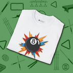 Eight Ball Excitement T-Shirt, in White color, billiards shirt, folded view