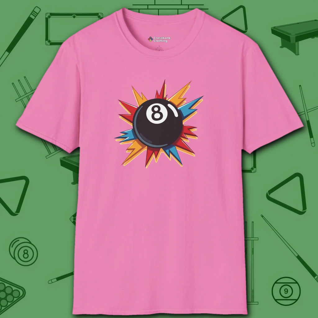 Eight Ball Excitement T-Shirt, in Azalea color, billiards shirt, front view