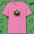 Eight Ball Excitement T-Shirt, in Azalea color, billiards shirt, front view