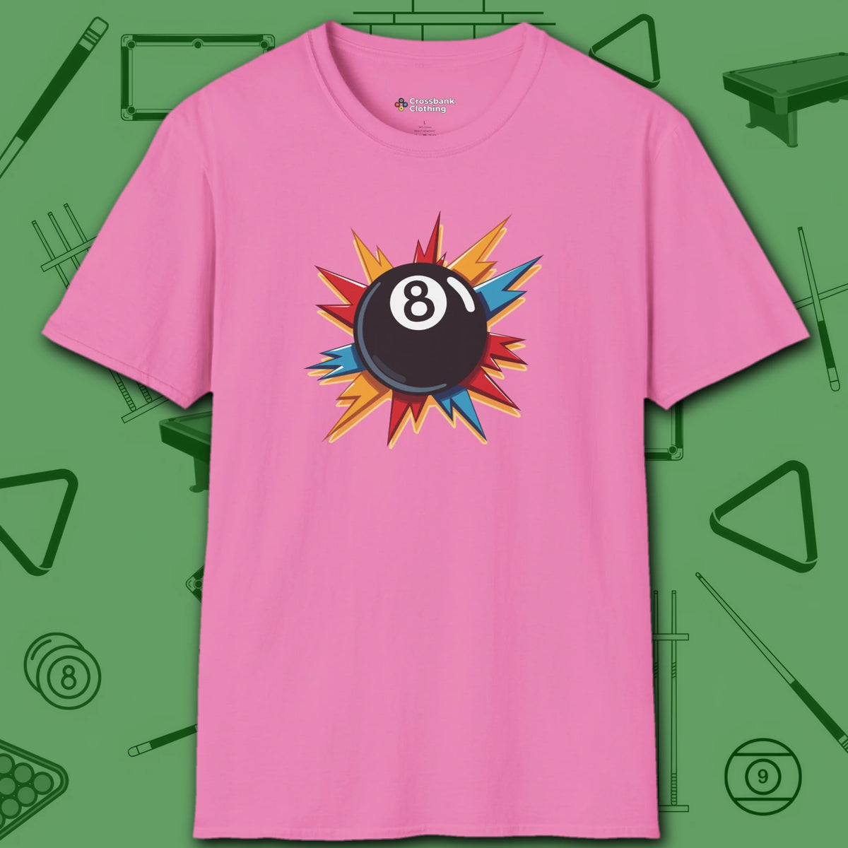 Eight Ball Excitement T-Shirt, in Azalea color, billiards shirt, front view