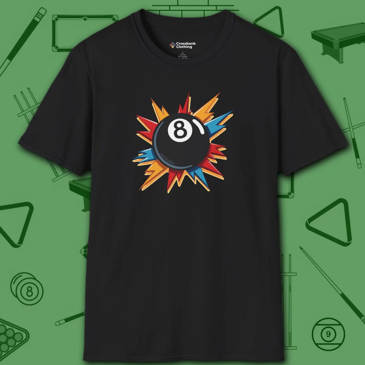 Eight Ball Excitement T-Shirt, in Black color, billiards shirt, front view