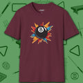Eight Ball Excitement T-Shirt, in Maroon color, billiards shirt, front view