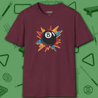 Eight Ball Excitement T-Shirt, in Maroon color, billiards shirt, front view