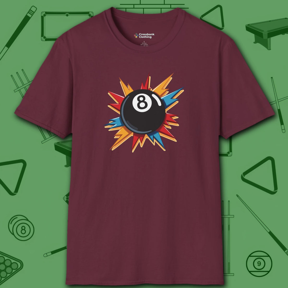 Eight Ball Excitement T-Shirt, in Maroon color, billiards shirt, front view