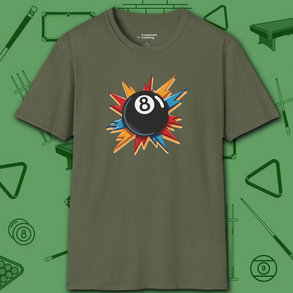 Eight Ball Excitement T-Shirt, in Military Green color, billiards shirt, front view