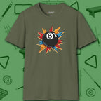 Eight Ball Excitement T-Shirt, in Military Green color, billiards shirt, front view