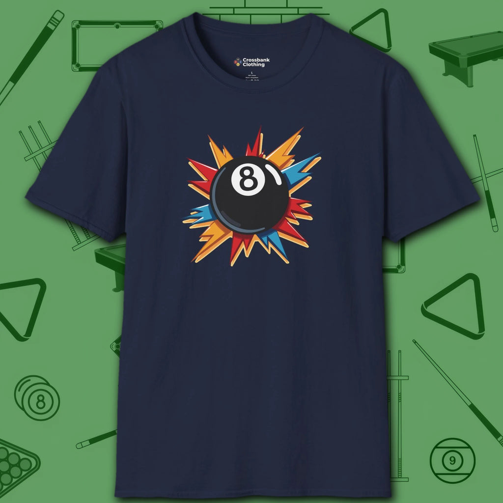 Eight Ball Excitement T-Shirt, in Navy color, billiards shirt, front view