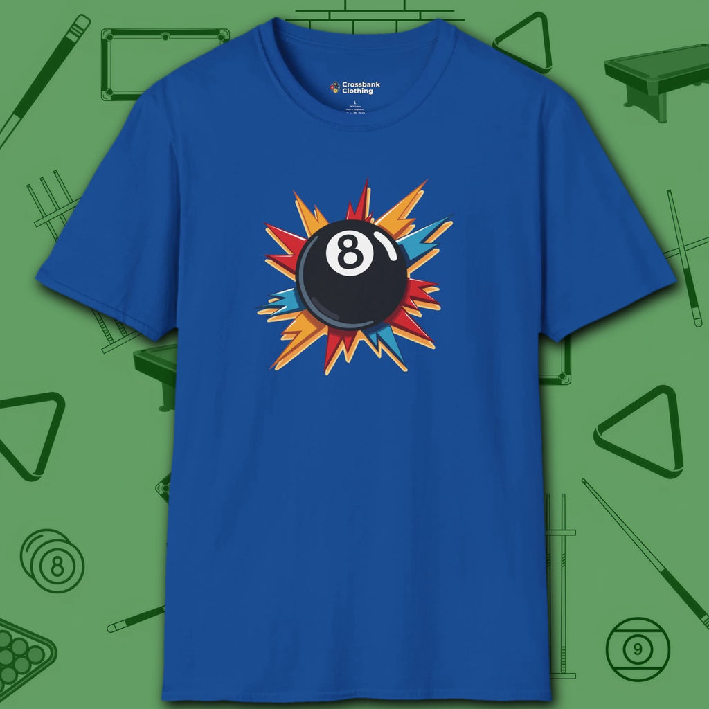 Eight Ball Excitement T-Shirt, in Royal color, billiards shirt, front view