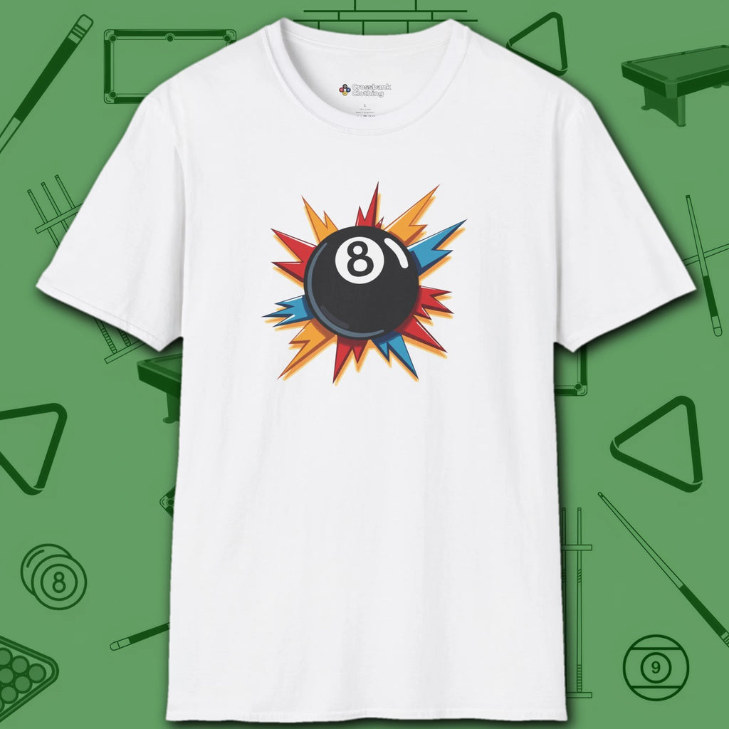 Eight Ball Excitement T-Shirt, in White color, billiards shirt, front view