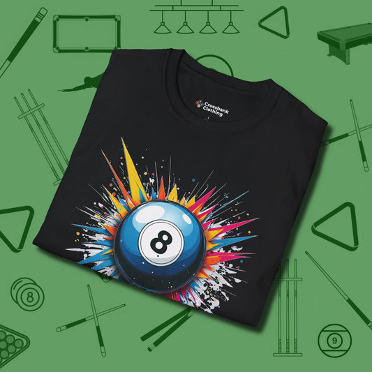 Eight Ball Explosion T-Shirt, folded view, in Black your secret weapon off the table