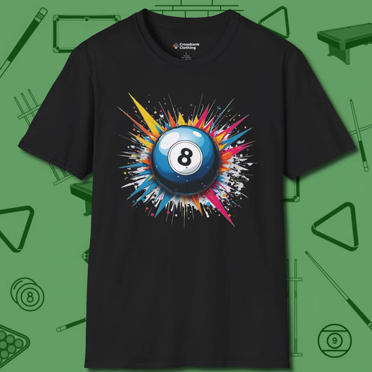 Eight Ball Explosion T-Shirt, front view, in Black the shirt that plays position