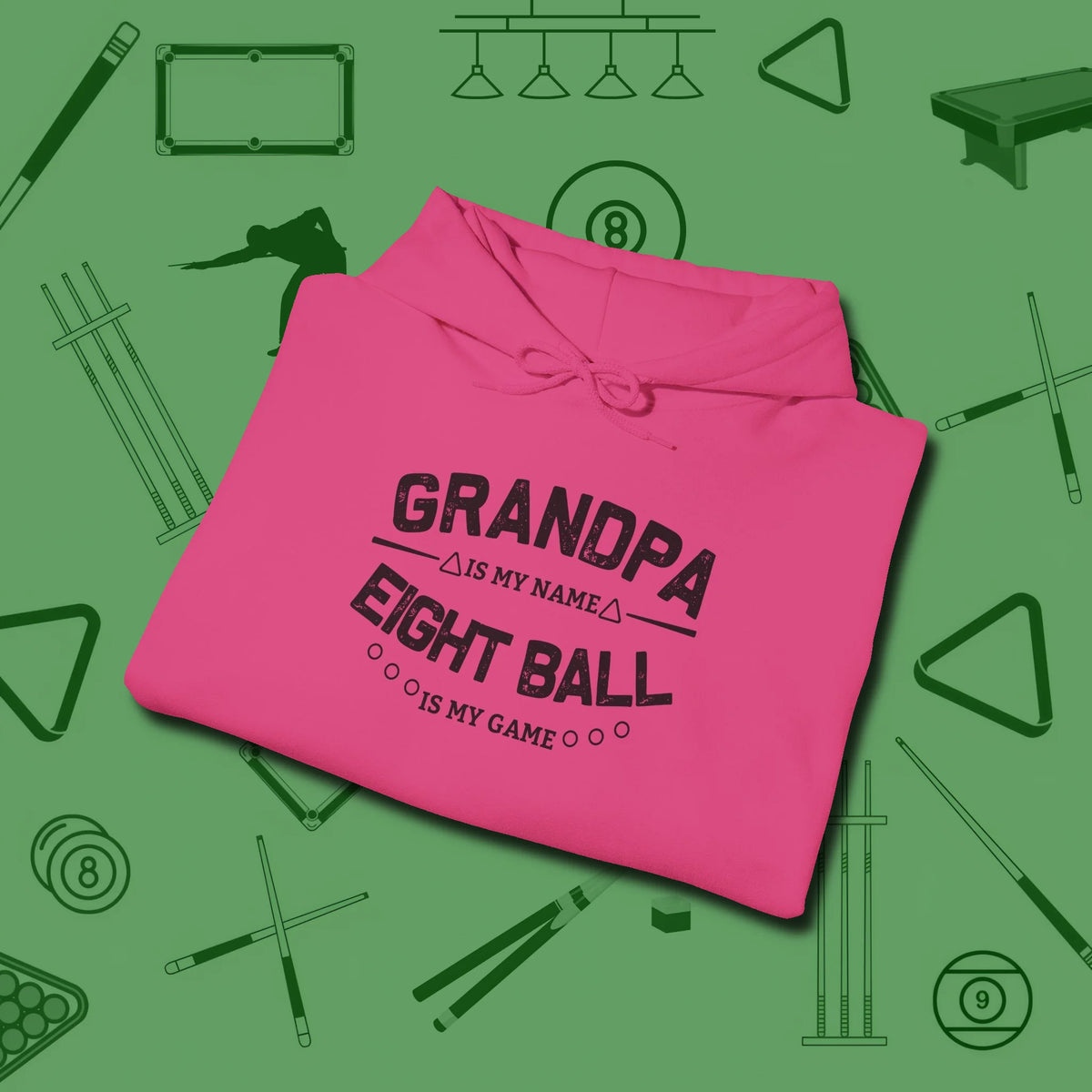 Eight Ball Grandpa Hoodie, folded view, in Heliconia built for bold breaks and quiet confidence