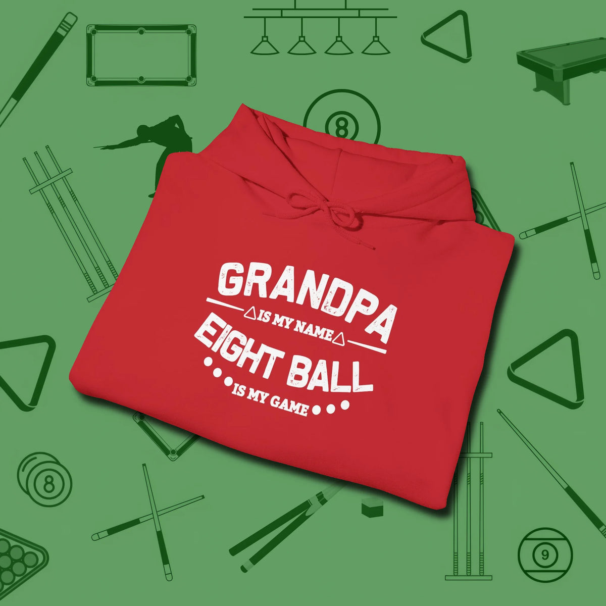 Eight Ball Grandpa Hoodie, folded view, in Red for hustlers who keep it honest