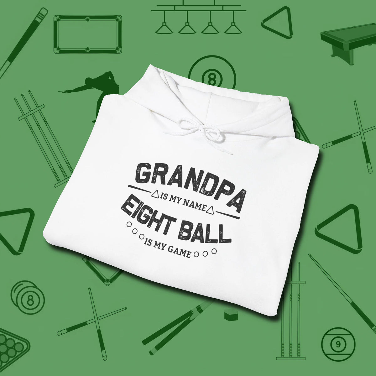 Eight Ball Grandpa Hoodie, folded view, in White the official uniform of the after-hours crew