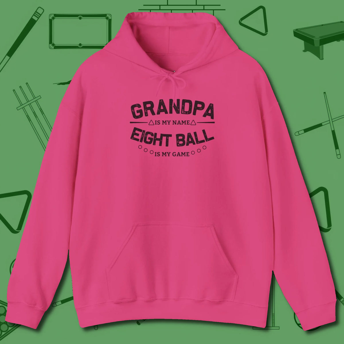Eight Ball Grandpa Hoodie, front view, in Heliconia cue up respect every time you wear it