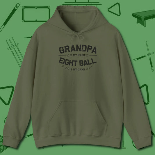 Eight Ball Grandpa Hoodie, front view, in Military Green earns respect before the first shot