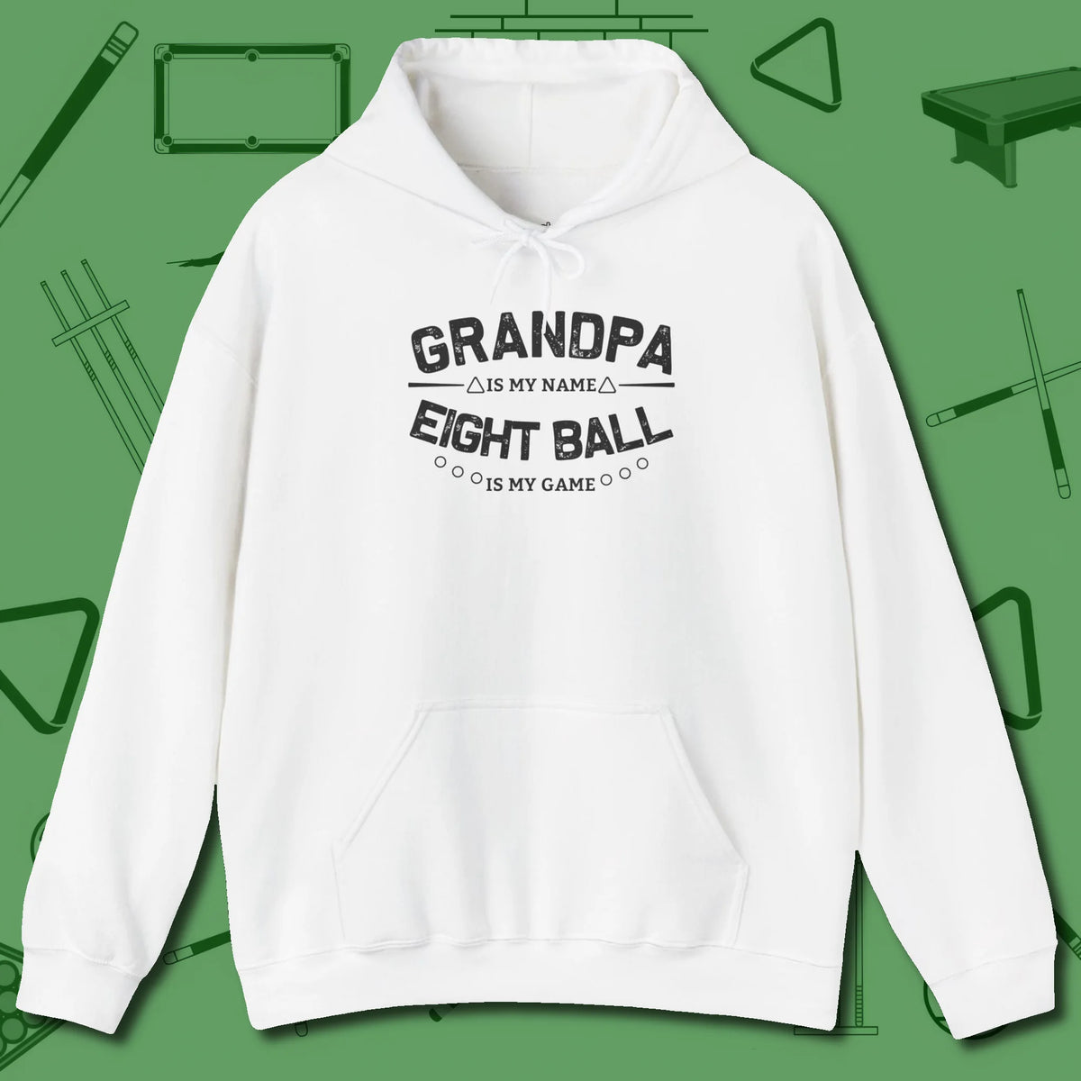 Eight Ball Grandpa Hoodie, front view, in White the official uniform of the after-hours crew