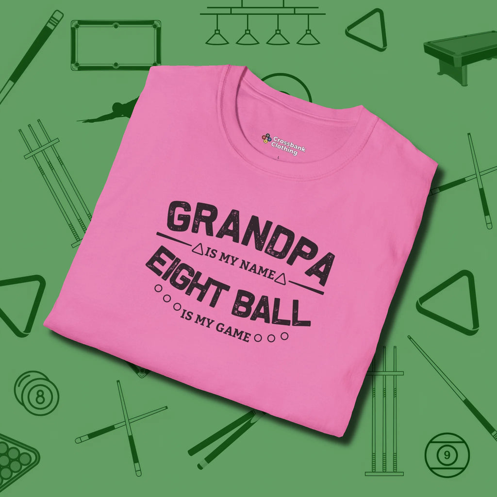 Eight Ball Grandpa T-Shirt, folded view, in Azalea subtle drip for serious shooters