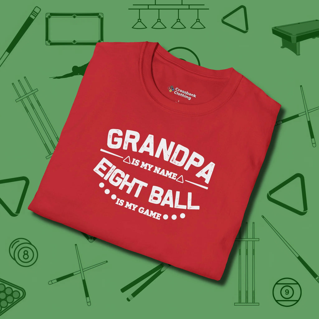 Eight Ball Grandpa T-Shirt, folded view, in Red subtle drip for serious shooters